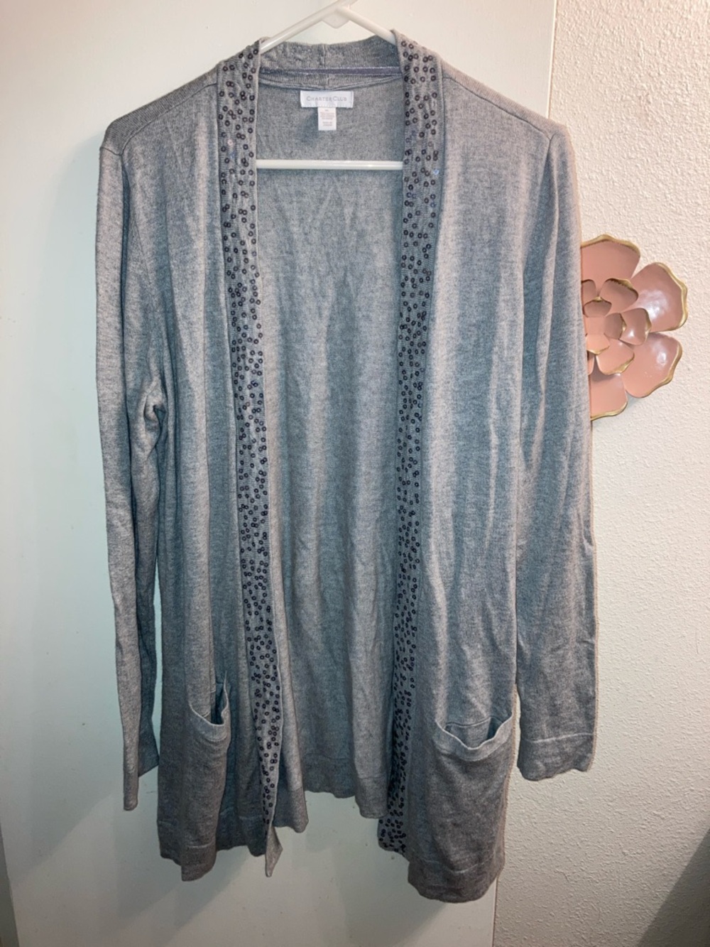 Charter Club Medium Gray Open-Front Cardigan with Sequin Trim